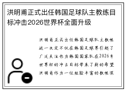 洪明甫正式出任韩国足球队主教练目标冲击2026世界杯全面升级