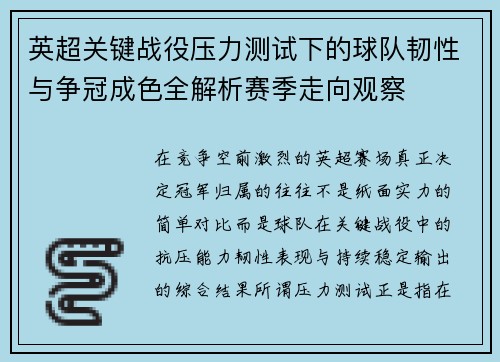 英超关键战役压力测试下的球队韧性与争冠成色全解析赛季走向观察