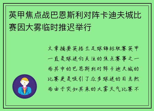 英甲焦点战巴恩斯利对阵卡迪夫城比赛因大雾临时推迟举行